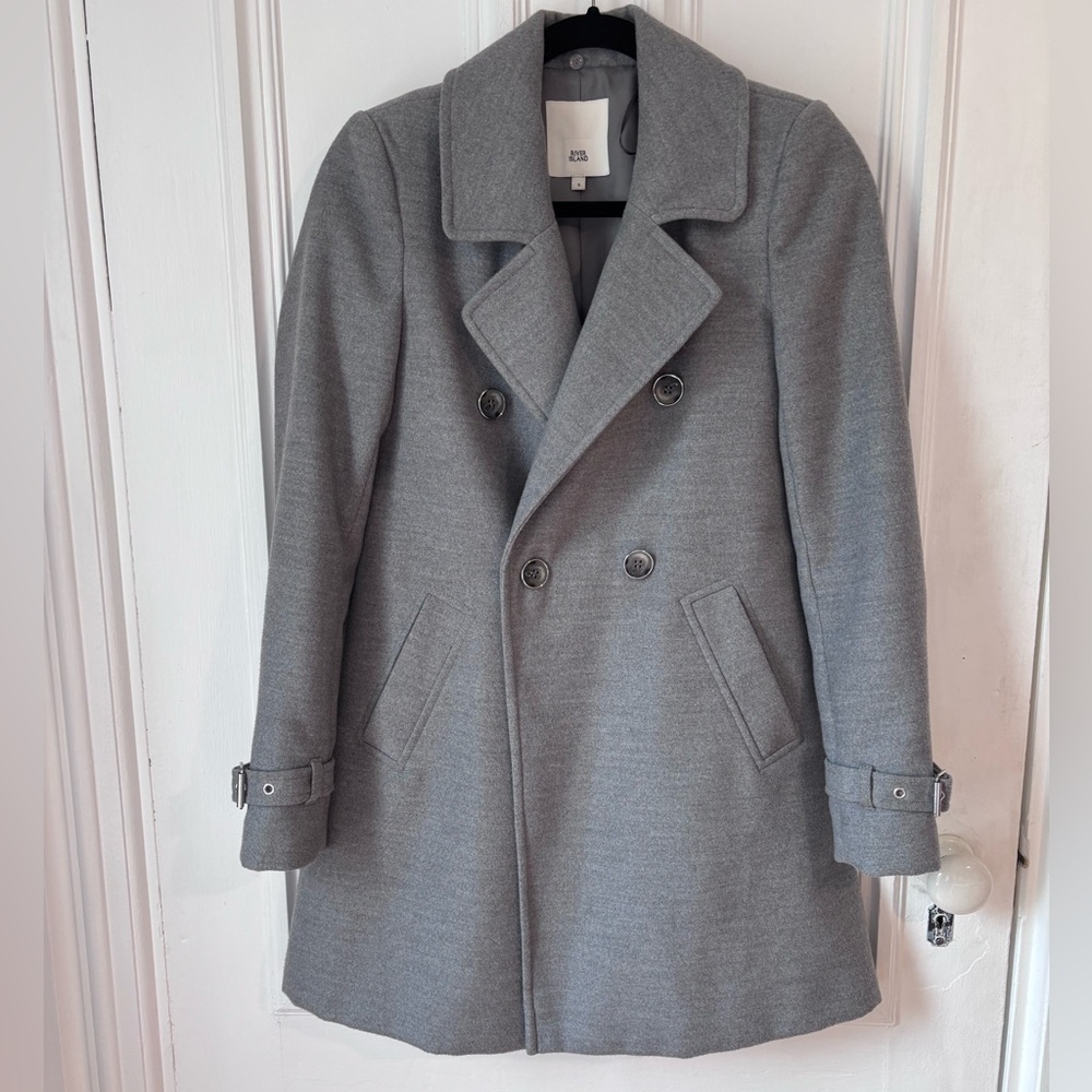 Women’s River Island Double Breasted Grey Notched Lapel Pea Coat size EU 6 (US 0